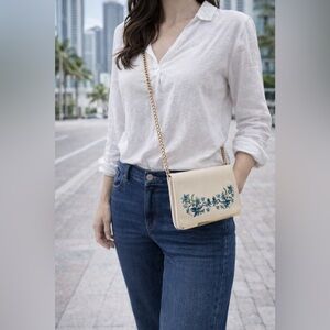 Neiman Marcus Embroidered Clutch Crossbody Bag Beige Blue W Gold Chain